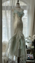 Beautiful Light Blue V-neck Ruffled Beaded Chiffon Mermaid Long Prom Dress