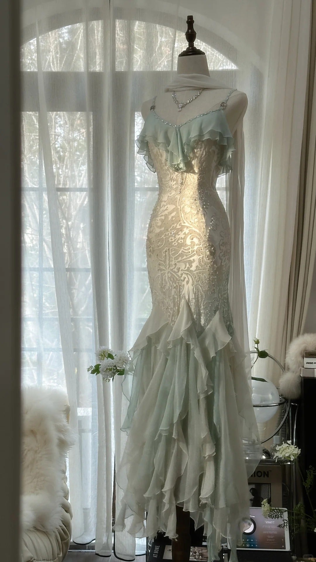 Beautiful Light Blue V-neck Ruffled Beaded Chiffon Mermaid Long Prom Dress