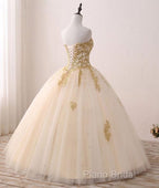 Beautiful Light Champagne Ball Gown Party Dresses, Sweet 16 Dresses With Gold Applique
