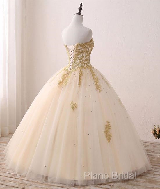 Beautiful Light Champagne Ball Gown Party Dresses, Sweet 16 Dresses With Gold Applique