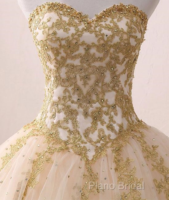 Beautiful Light Champagne Ball Gown Party Dresses, Sweet 16 Dresses With Gold Applique