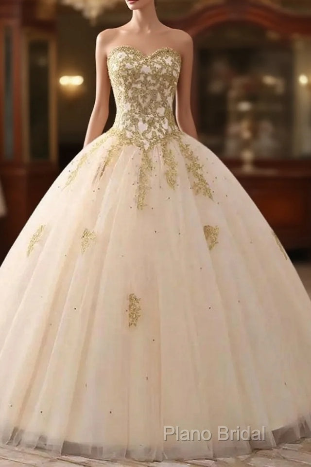 Beautiful Light Champagne Ball Gown Party Dresses, Sweet 16 Dresses With Gold Applique Main image