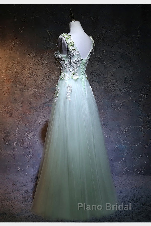 Beautiful Light Green Tulle Long Party Dresses, A-Line Floor Length Formal Prom Dresses