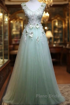 Beautiful Light Green Tulle Long Party Dresses, A-Line Floor Length Formal Prom Dresses