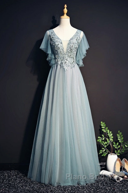 Beautiful Light Green Tulle Long Party Dresses, Green Lace Low Back Formal Prom Dresses Evening Dresses Secondary image