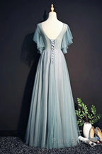 Beautiful Light Green Tulle Long Party Dresses, Green Lace Low Back Formal Prom Dresses Evening Dresses