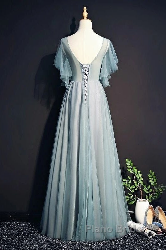 Beautiful Light Green Tulle Long Party Dresses, Green Lace Low Back Formal Prom Dresses Evening Dresses