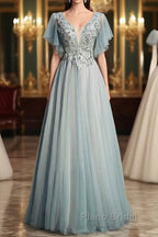 Beautiful Light Green Tulle Long Party Dresses, Green Lace Low Back Formal Prom Dresses Evening Dresses