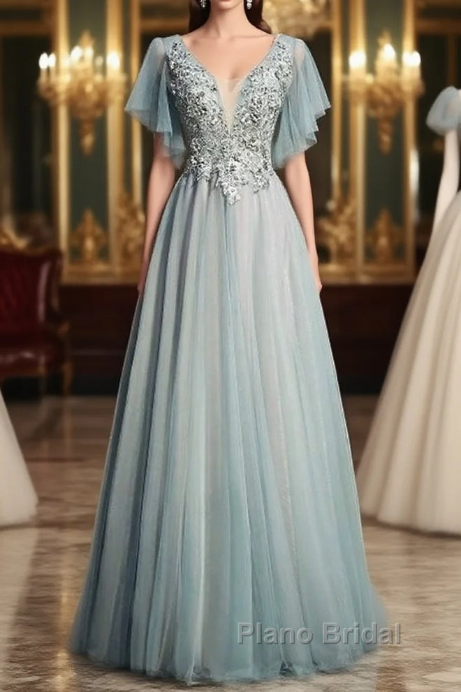 Beautiful Light Green Tulle Long Party Dresses, Green Lace Low Back Formal Prom Dresses Evening Dresses Main image