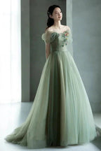 Green Beautiful Charming Floral Applique Tulle Long Formal Prom Dresses,Formal Evening Dresses,Party Dresses