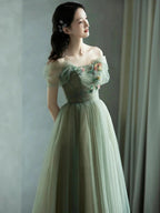 Green Beautiful Charming Floral Applique Tulle Long Formal Prom Dresses,Formal Evening Dresses,Party Dresses