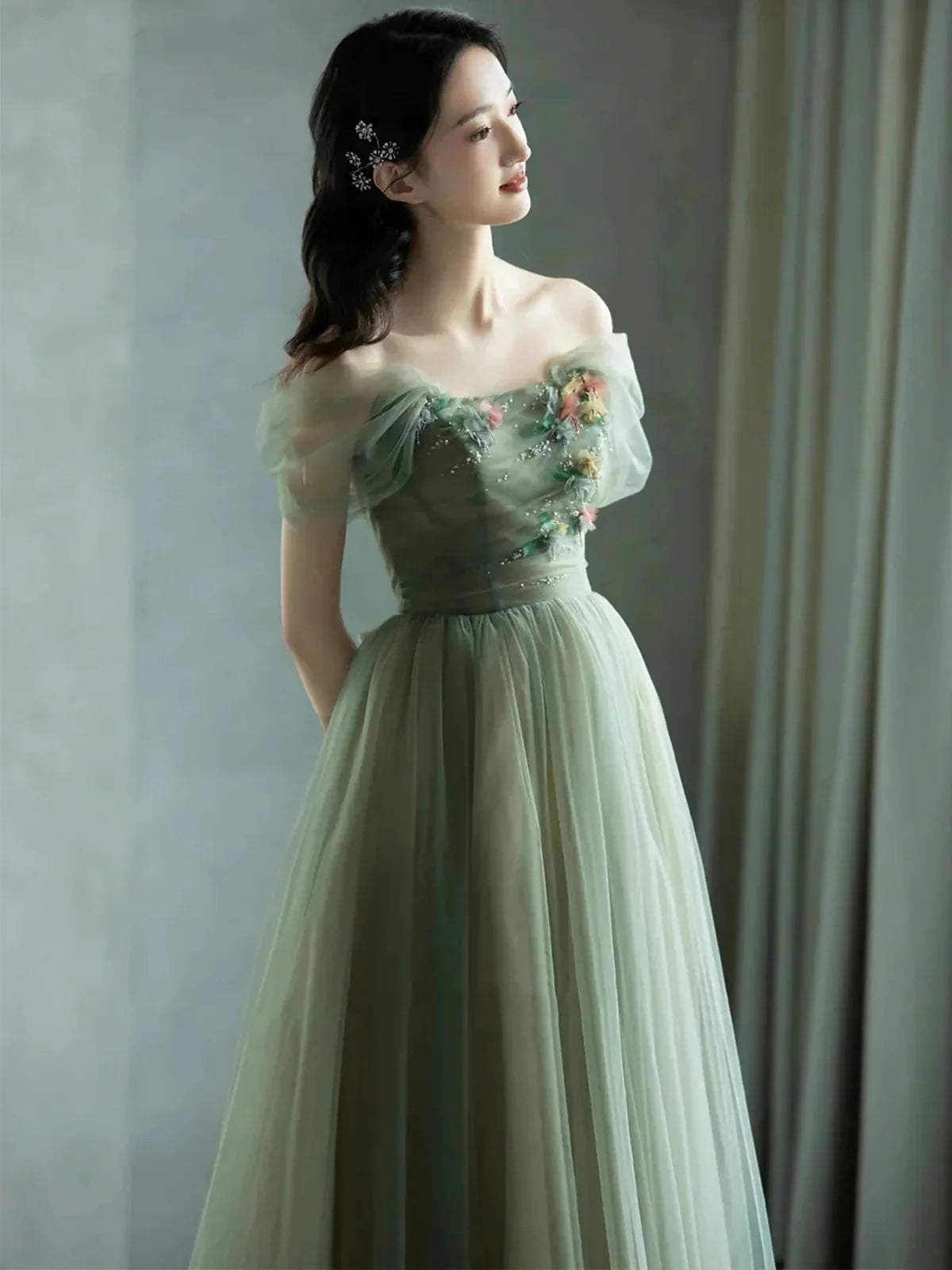 Green Beautiful Charming Floral Applique Tulle Long Formal Prom Dresses,Formal Evening Dresses,Party Dresses
