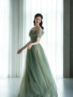 Green Beautiful Charming Floral Applique Tulle Long Formal Prom Dresses,Formal Evening Dresses,Party Dresses