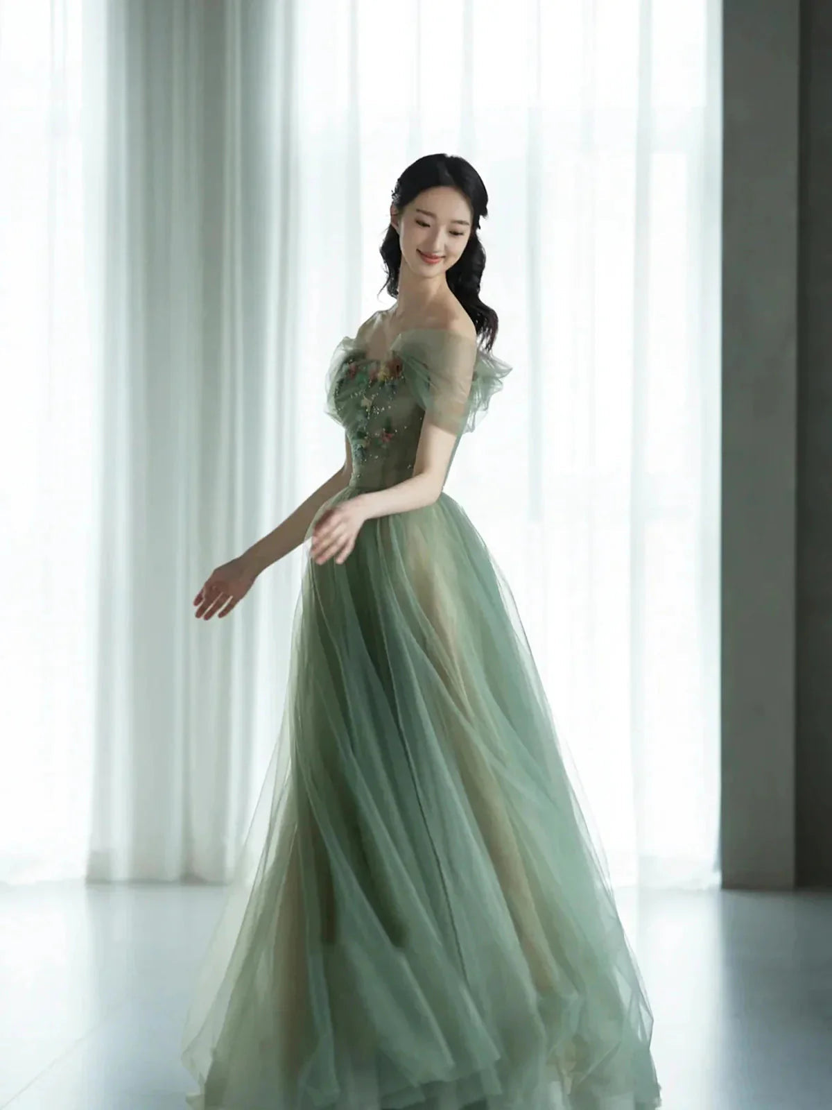 Green Beautiful Charming Floral Applique Tulle Long Formal Prom Dresses,Formal Evening Dresses,Party Dresses