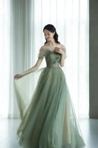 Green Beautiful Charming Floral Applique Tulle Long Formal Prom Dresses,Formal Evening Dresses,Party Dresses
