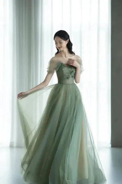 Green Beautiful Charming Floral Applique Tulle Long Formal Prom Dresses,Formal Evening Dresses,Party Dresses