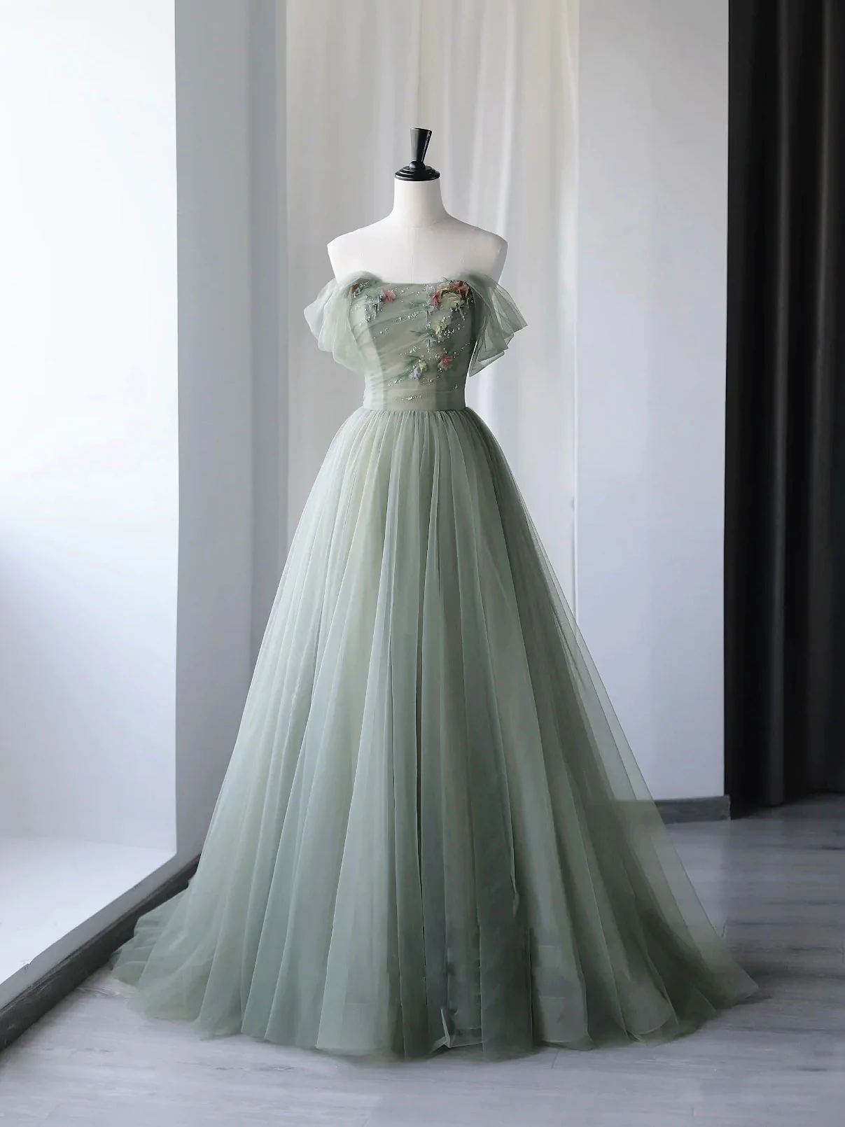 Green Beautiful Charming Floral Applique Tulle Long Formal Prom Dresses,Formal Evening Dresses,Party Dresses