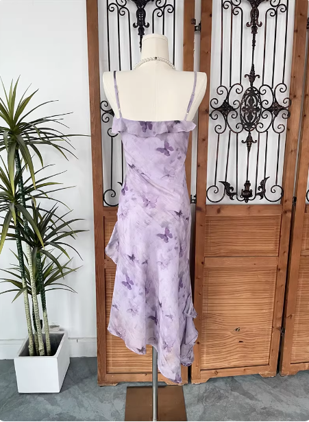 Beautiful Light Purple Spaghetti Strap Butterfly Printed Chiffon Formal Prom Dresses Secondary image