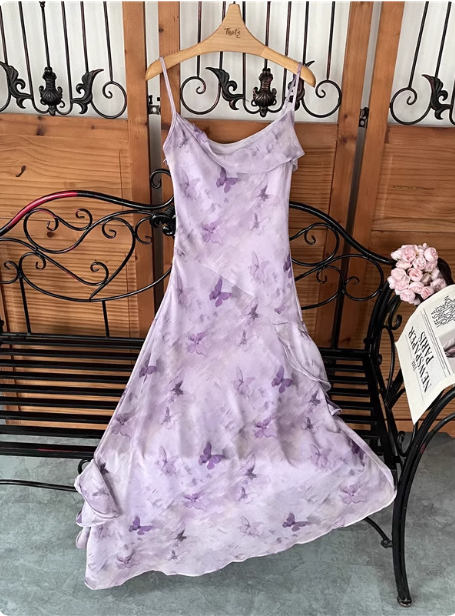 Beautiful Light Purple Spaghetti Strap Butterfly Printed Chiffon Formal Prom Dresses