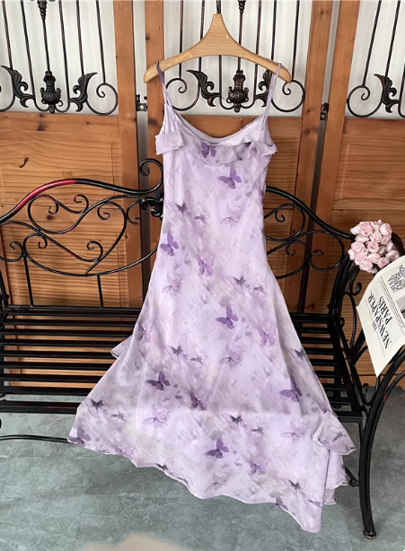 Beautiful Light Purple Spaghetti Strap Butterfly Printed Chiffon Formal Prom Dresses