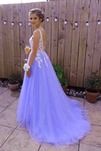 Beautiful Light Purple Tulle Dresses, White Lace And Lavender Formal Prom Dresses