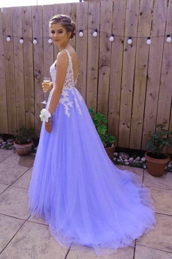 Beautiful Light Purple Tulle Dresses, White Lace And Lavender Formal Prom Dresses
