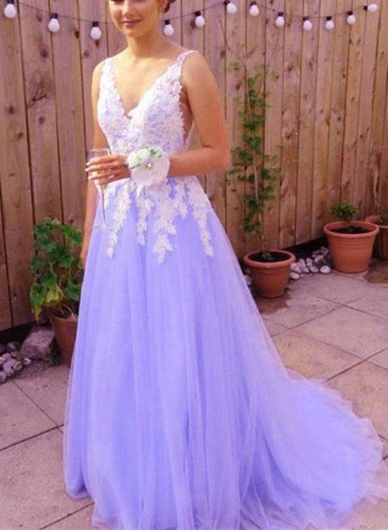 Beautiful Light Purple Tulle Dresses, White Lace And Lavender Formal Prom Dresses Main image