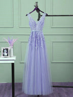 Beautiful Light Purple Tulle Long Party Gown, A-Line V-Neckline Formal Prom Dresses