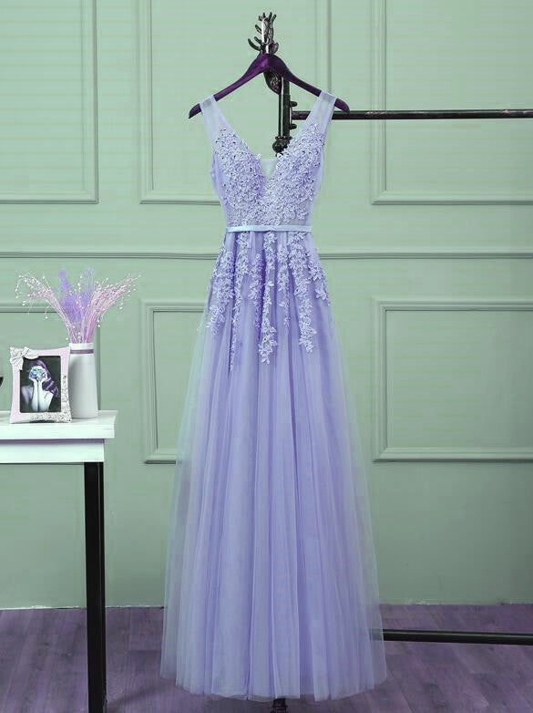 Beautiful Light Purple Tulle Long Party Gown, A-Line V-Neckline Formal Prom Dresses