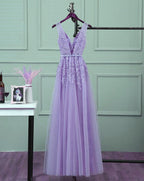 Beautiful Light Purple Tulle Long Party Gown, A-Line V-Neckline Formal Prom Dresses