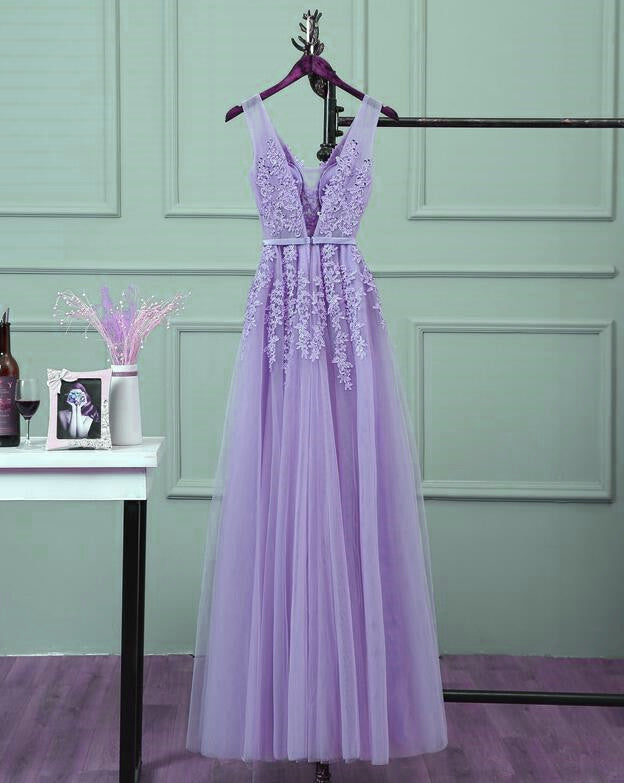 Beautiful Light Purple Tulle Long Party Gown, A-Line V-Neckline Formal Prom Dresses