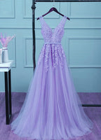 Beautiful Light Purple Tulle Long Party Gown, A-Line V-Neckline Formal Prom Dresses