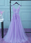 Beautiful Light Purple Tulle Long Party Gown, A-Line V-Neckline Formal Prom Dresses