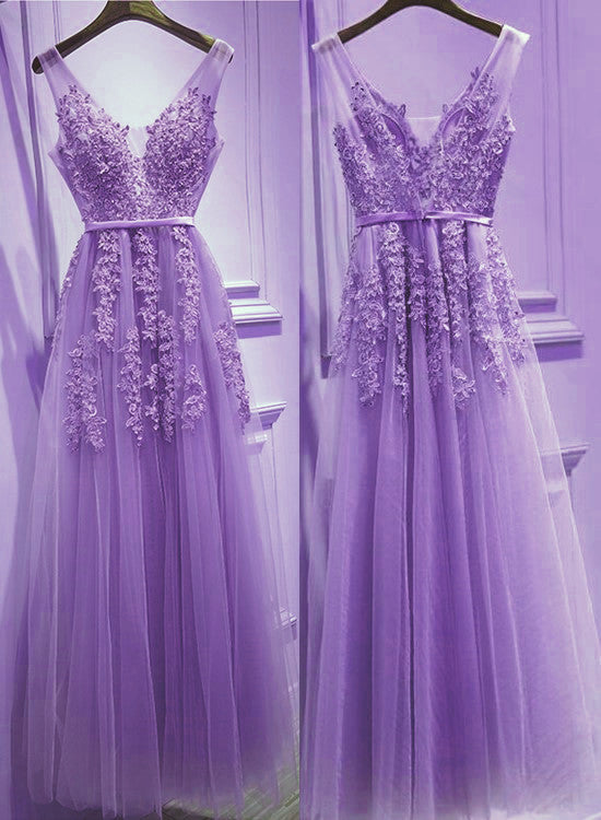 Beautiful Light Purple Tulle V-Neckline Party Dresses , Tulle Formal Gowns