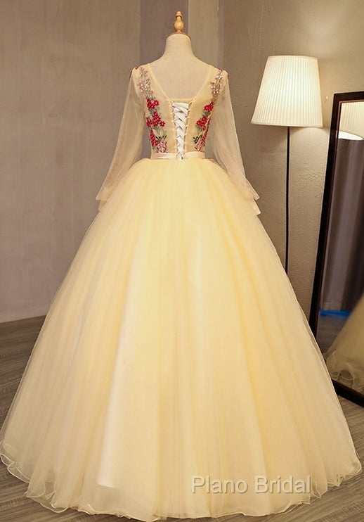 Beautiful Light Yellow Long Sleeves Quinceanera Dresses, Ball Gown Sweet 16 Dresses