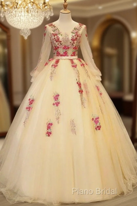 Beautiful Light Yellow Long Sleeves Quinceanera Dresses, Ball Gown Sweet 16 Dresses Main image