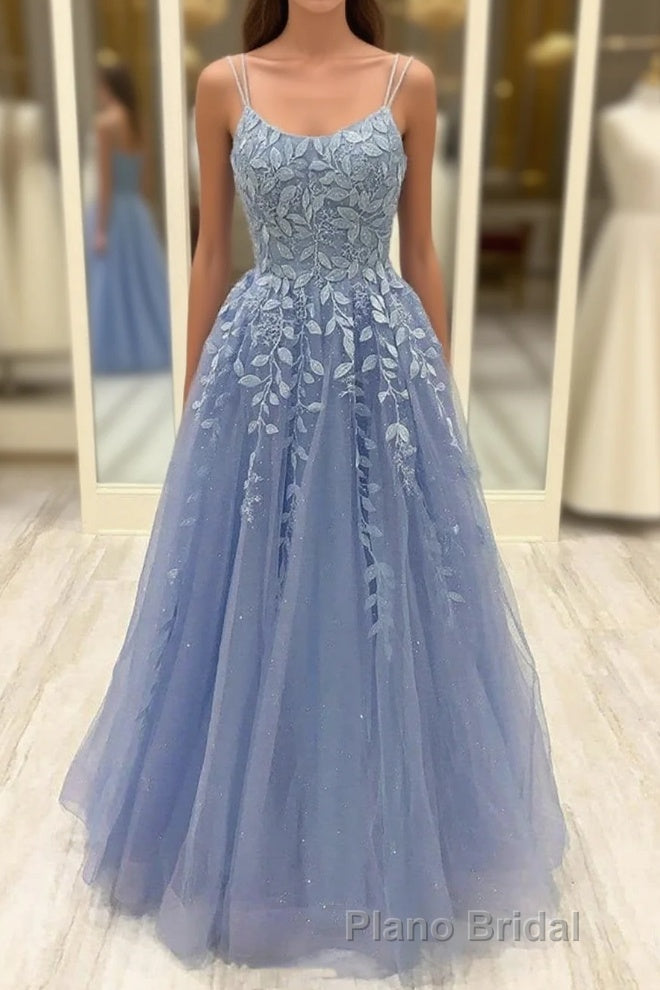 Beautiful Long A-line Scoop Neck Tulle Lace Formal Prom Dresses Main image