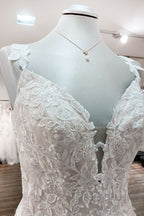 Beautiful Long A-line Tulle Lace V Neck Open Back Wedding Dresses