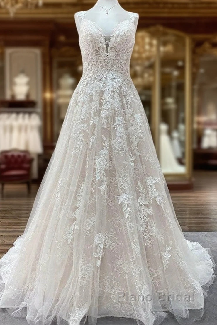 Beautiful Long A-line Tulle Lace V Neck Open Back Wedding Dresses Main image