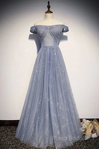 Beautiful Long Strapless Blue Tulle Beaded Long, A Line Off Shoulder Formal Prom Dresses