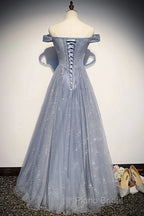Beautiful Long Strapless Blue Tulle Beaded Long, A Line Off Shoulder Formal Prom Dresses