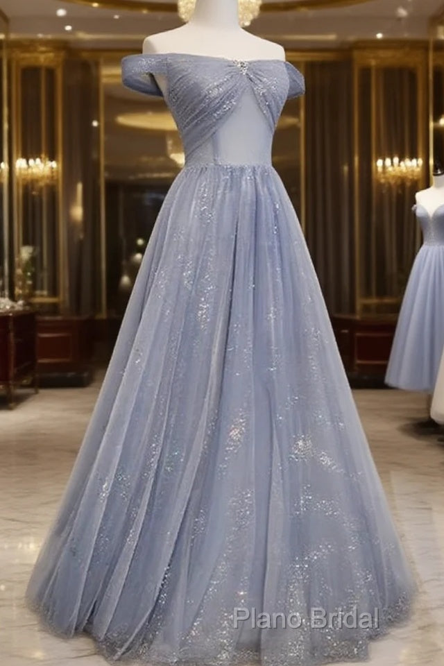 Beautiful Long Strapless Blue Tulle Beaded Long, A Line Off Shoulder Formal Prom Dresses