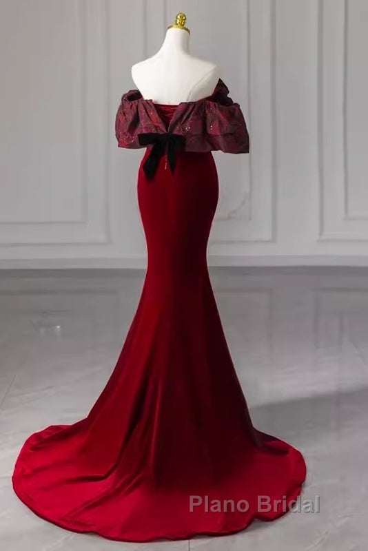 Beautiful Mermaid Off The Shoulder Long Red Formal Prom Dresses
