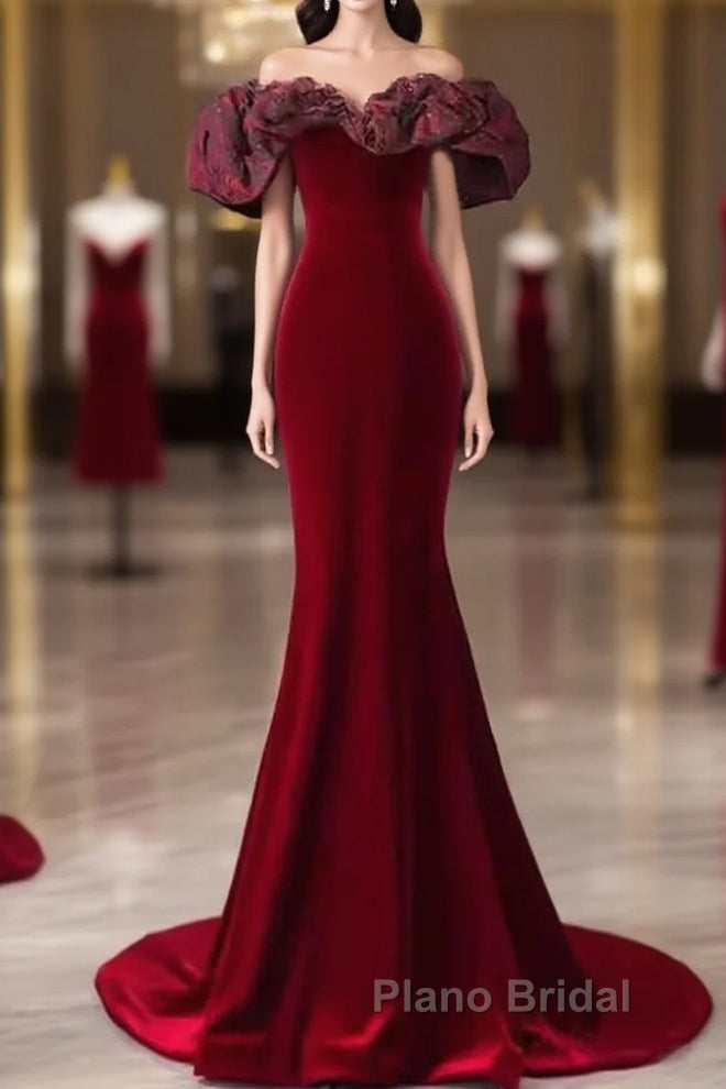 Beautiful Mermaid Off The Shoulder Long Red Formal Prom Dresses