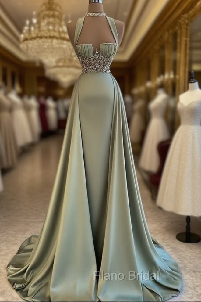 Beautiful Mermaid Sage Green Long Satin Formal Prom Dresses Main image
