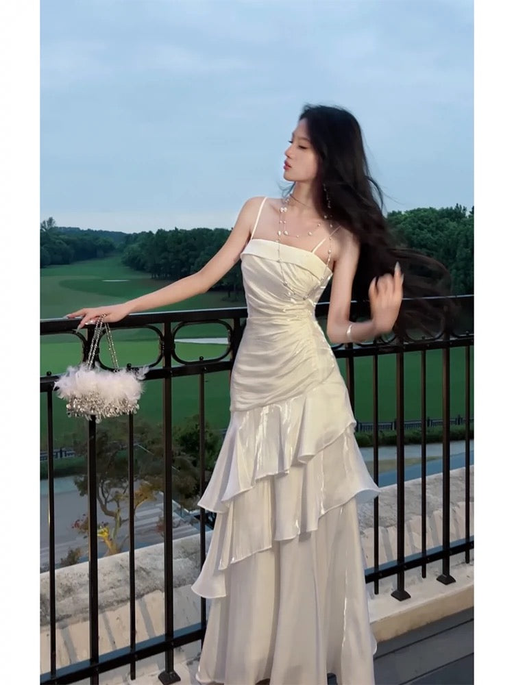 Beautiful Mermaid Spaghetti Straps Ivory Long Party Dresses Formal Prom Dresses