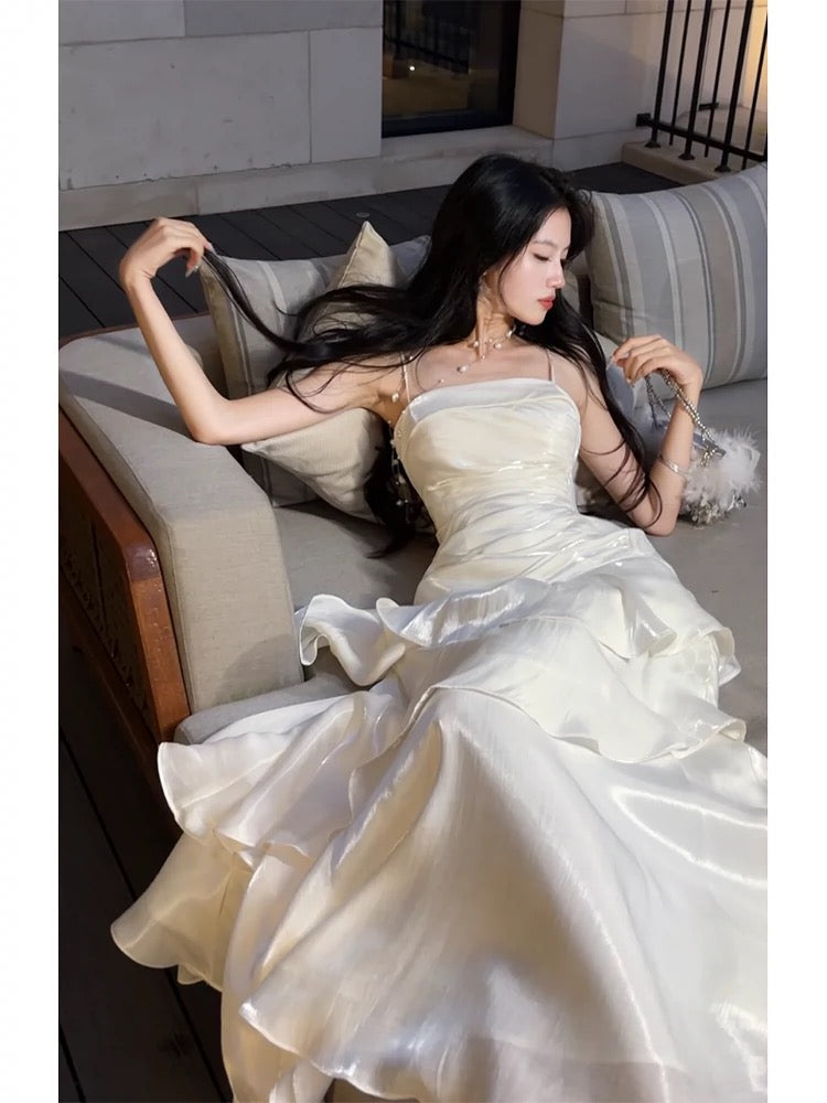 Beautiful Mermaid Spaghetti Straps Ivory Long Party Dresses Formal Prom Dresses