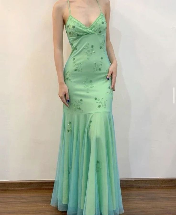Beautiful Mermaid Spaghetti Straps Mint Green Long Prom Dresses Evening Gowns Main image