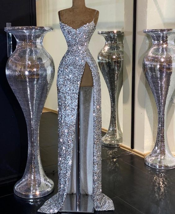 Beautiful Mermaid Spaghetti Straps Sparkly Sequins Long Formal Prom Formal Evening Dresses With Slit Main image