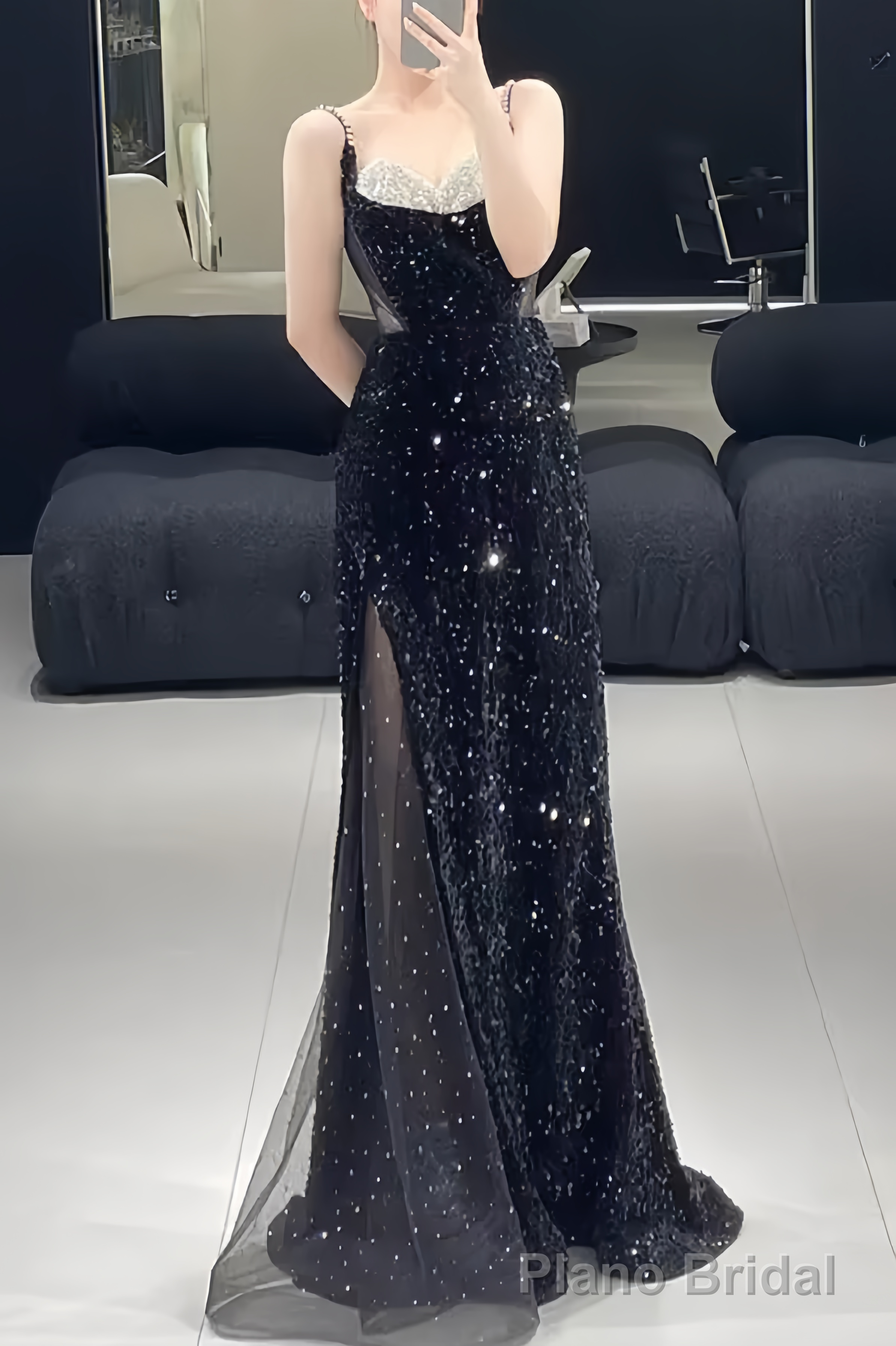 Beautiful Mermaid Straps Slit Black Long Prom Dress Secondary image